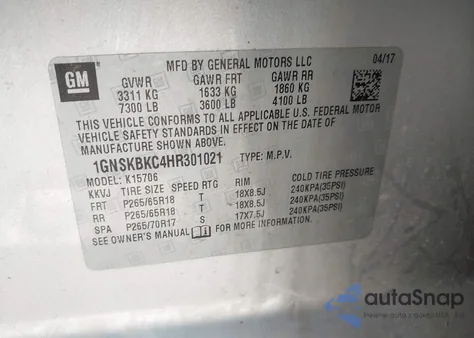 2017 Chevrolet Tahoe Lt from USA, damaged, VIN 1GNSKBKC4HR301021